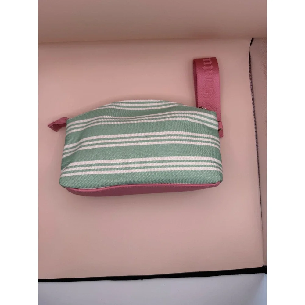 Juicy Couture Striped Canvas Wristlet Pouch Mint‎ Pink Paradise Makeup Bag NWOT